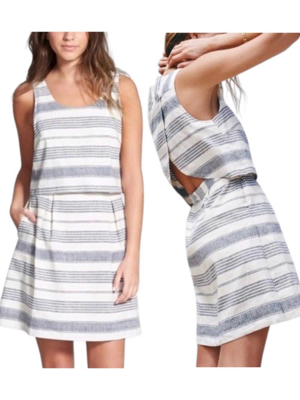 Madewell Striped Overlay Linen Blend Dress Cream Blue NWT